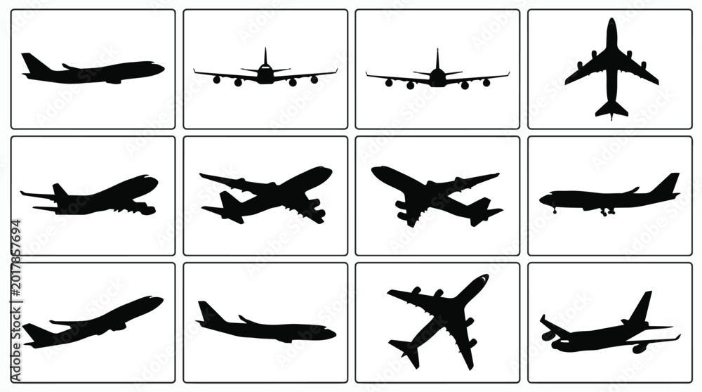 Fototapeta premium Collection of twelve different airplane silhouettes in various flight positions and angles on a white background.