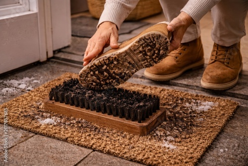 Cleaning muddy boot soles before entering home