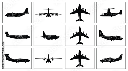Collection of Military Cargo Aircraft Silhouettes for Logistics and Aviation Design.