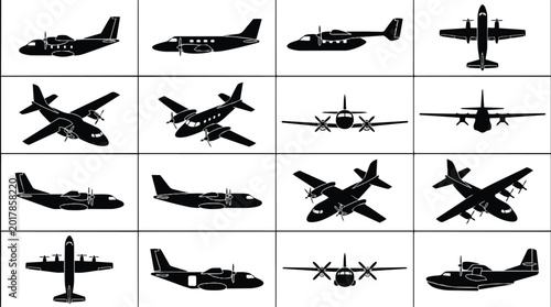 Collection of various propeller airplane silhouettes from different angles and perspectives.