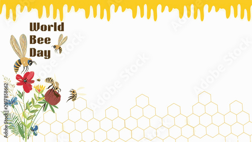 World Bee Day illustration showing honey bees flying above vibrant wildflowers with dripping honey and honeycomb border on white background, emphasizes importance of pollinators and biodiversity