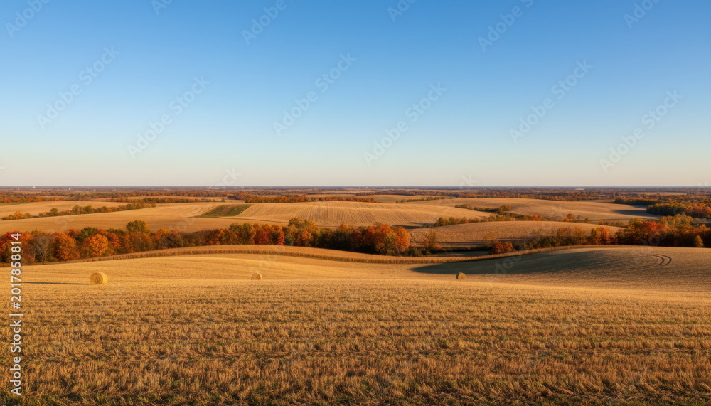 Fototapeta premium Golden Harvest Fields Under Clear Blue Sky