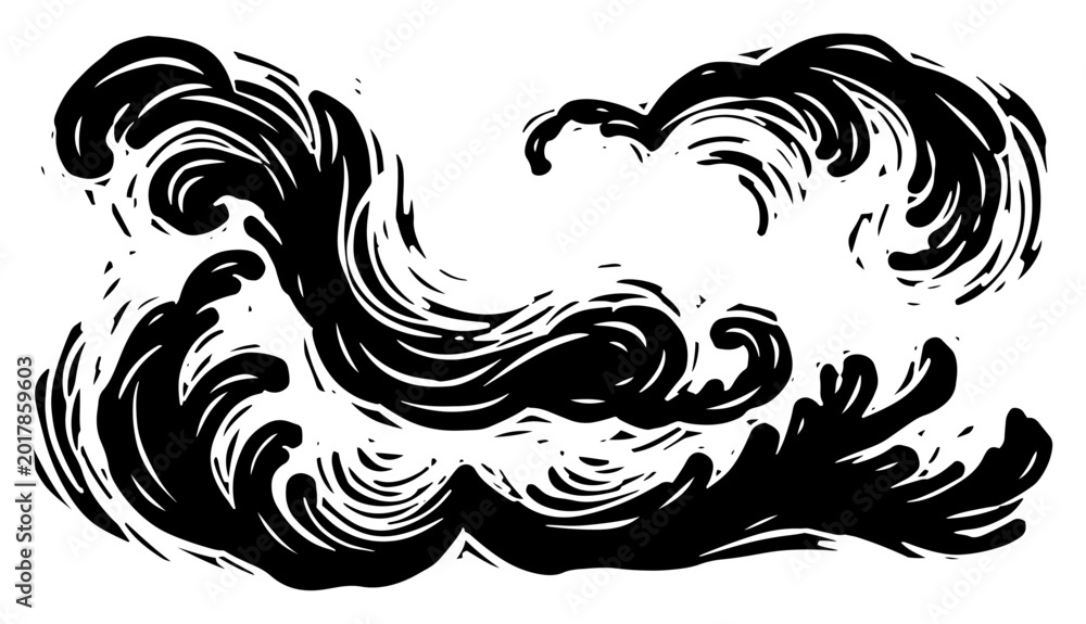 Fototapeta premium Dynamic Japanese style ocean waves illustration, stylized sea splash linocut vector art