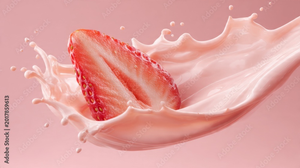 Fototapeta premium Fresh Strawberry Slicing Through Pink Milk Splash with Droplets