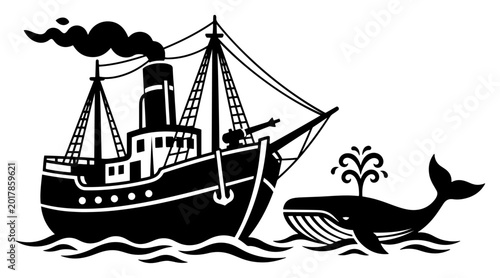 Konstfotografi Vintage steam ship and whale spouting water, nautical maritime sea landscape woo
