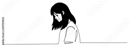 Sad depressed girl silhouette profile, lonely young woman feeling down minimal line art illustration