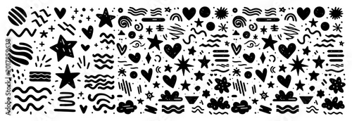 Konstfotografi Hand drawn doodle elements set with stars hearts and waves, cute decorative shap