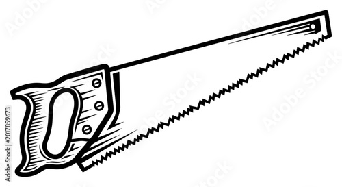 Photography Vintage handsaw tool for woodworking, carpentry manual saw illustration, woodcut