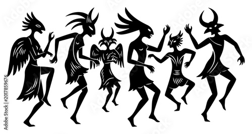 Cuadro en lienzo Mythical tribal creatures dancing ritual, primitive ancient folk art spirits sil