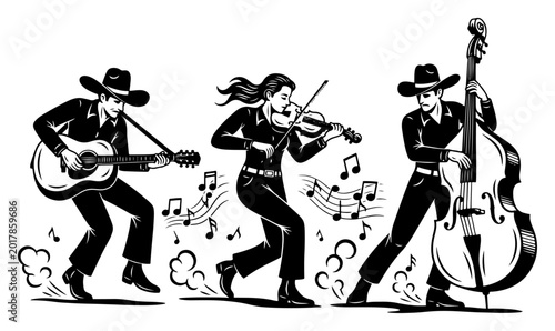 Obraz na plátně Country western band trio with guitar violin and double bass, musicians in cowbo