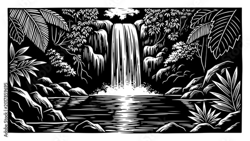 Fotografia Tropical waterfall in jungle nature landscape, exotic island scenery with lush p