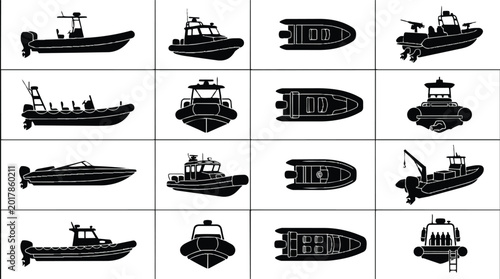 Comprehensive collection of diverse boat and rigid inflatable boat silhouettes.