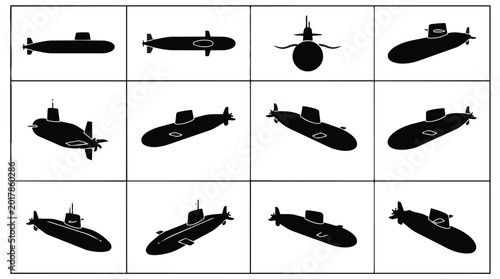 Collection of black submarine silhouettes shown from various angles and perspectives.