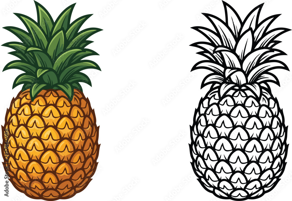 Obraz premium Pineapple Flat Style Vector Illustration Set with Colored and Outline Design on Transparent Background