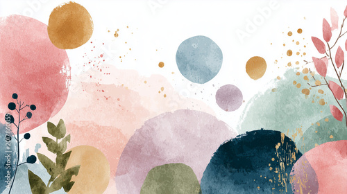 Watercolor abstract botanical texture and pastel circles