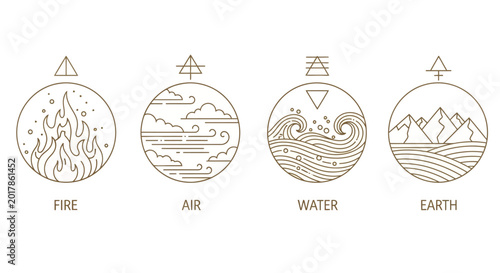 Elemental icons, earthy symbols, fire water air earth, minimalistic vector graphics