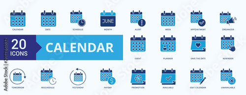 Canvastavla Calendar Icon Set Flat Blue Style Illustration Vector