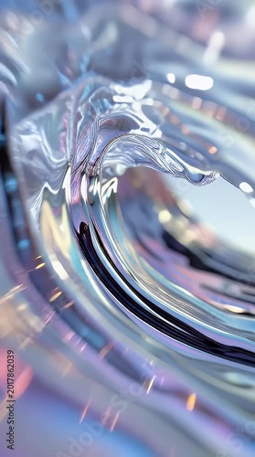 Abstract fluid motion design with iridescent reflections and swirling patterns creates a mesmerizing futuristic visual effect perfect for technology backgrounds and digital art