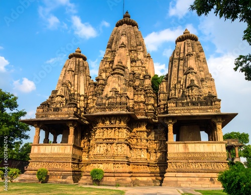 An ornate, sandstone temple complex under a bright blue sky, showcasing intricate carvings and towering spires