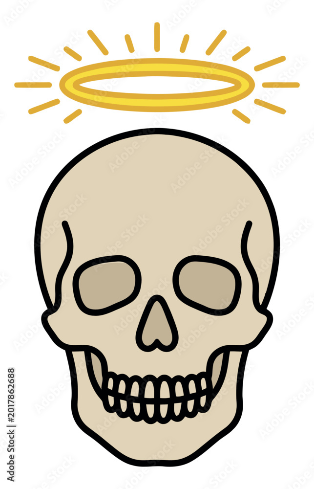 Naklejka premium Cartoon illustration of a skull with halo depicting a holy skeleton character for Halloween and day of the dead design