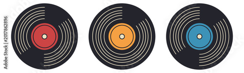Flat icon set of 3 vinyl records featuring colorful center labels in red orange and blue for music design