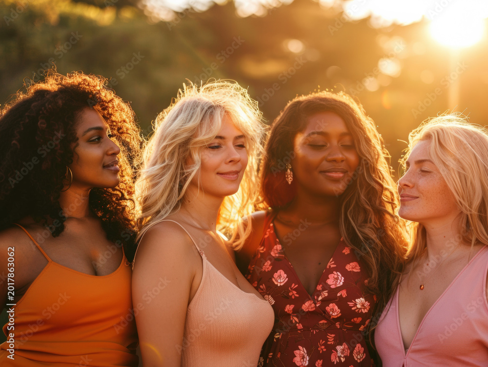 Obraz premium Diverse young women enjoying golden hour outdoors in casual summer dresses