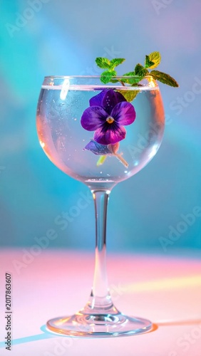 Clear gin tonic cocktail in a glass with fresh pansy flower and mint sprig, neon gradient lighting background, party mood, refreshing summer drink