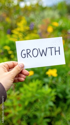 Hand holding white card with word growth written on it against blurred garden background, business development, personal improvement, success, nature