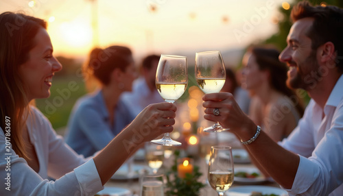 Couple clinks wine glasses at outdoor dinner party. Friends gather around table under warm evening lights. People enjoy food wine conversation, celebrating special occasion outdoors.