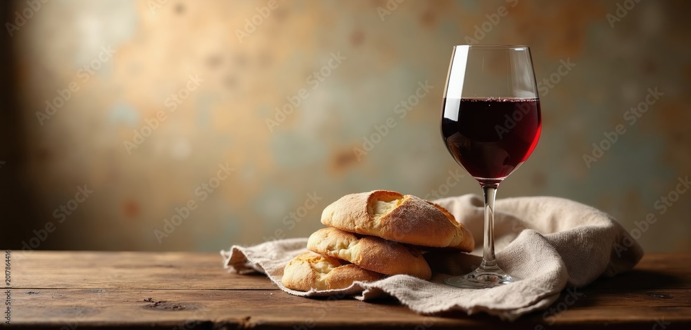 Obraz premium Rustic table holds stacked unleavened bread, glass of red wine. Simple setting on wood surface with textured background. Food, drink arrangement evokes calm. Used for religious celebratory themes.