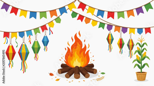Festa Junina celebration with bonfire colorful lanterns and corn plant decorated with festive flags