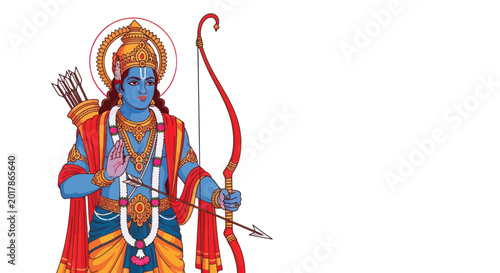 Bild auf Leinwand Lord Rama with Bow and Arrow, Hindu Deity, Blue Skin, Traditional Indian Art