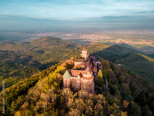 Obraz na płótnie Castle Haut-Koenigsbourg, Alsace, France - April 10, 2026 - Warm sunset lighting