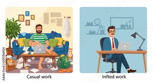 Принти на полотні Remote work, flexible workspace, office illustration, vector icons, home office,