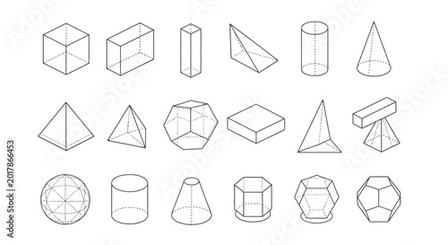 Geometric shapes, 3D icons, line art, vector graphics, basic forms