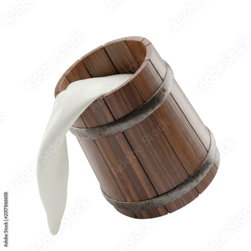 A rustic dark walnut wooden milk pail with tarnished steel hoops, pouring fresh white milk, isolated on a transparent background with volumetric light. Concept of farm freshness and purity