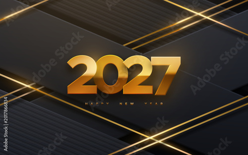 Happy New 2027 Year. Vector holiday illustration of golden numbers 2027 on black geometric background with gold glittering strings.