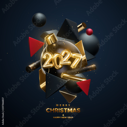 Merry Christmas and Happy New Year. Golden 2027 numbers with Christmas ball, flowing black, red and gold geometric 3d shapes. Vector holiday illustration. Winter festive poster or banner design