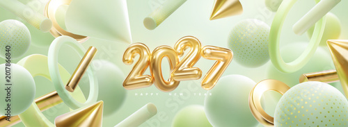 Happy New 2027 Year. Holiday vector illustration of golden numbers 2027, abstract green and golden geometric 3d shapes. Festive poster or banner design. New year or Christmas party invitation template