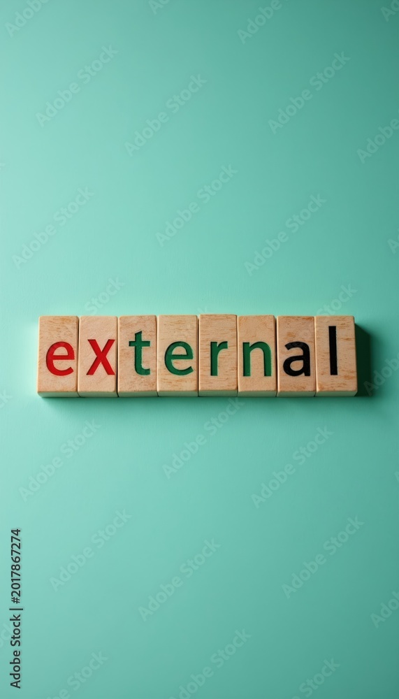 Fototapeta premium Wooden blocks spell out external word against teal background. Choice selection or option concept for business decisions. Risk or opportunity evaluation.