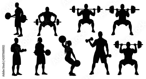 Bild auf Leinwand Fitness Silhouette Collection: Weightlifting, Squats, Dumbbells, and Kettlebells