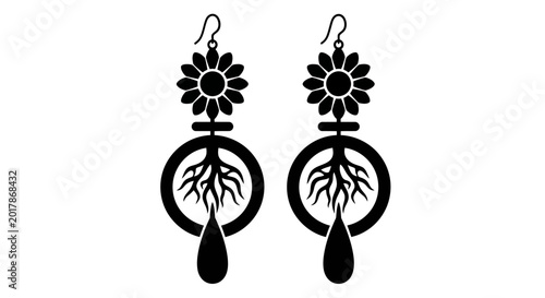 Fotografía Black floral earrings, dangle drop jewelry, flower root silhouette, minimalist a