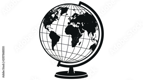 Valokuva A black and white illustration of a globe on a stand showing world map