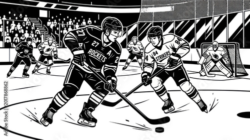 Photos Hockey players compete fiercely on ice rink during intense game with puck and st