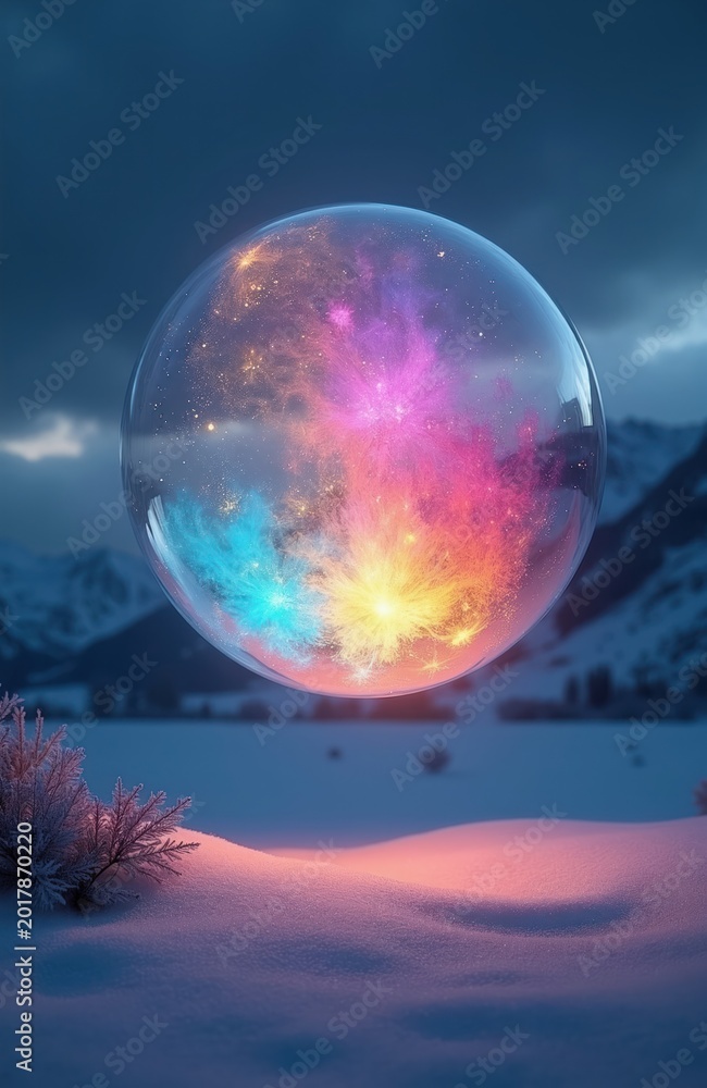 Fototapeta premium Colorful nebula explodes inside transparent bubble sphere floating above snowy winter landscape. Cosmic dust clouds glow with vibrant light against dark sky backdrop. Abstract fantasy concept.