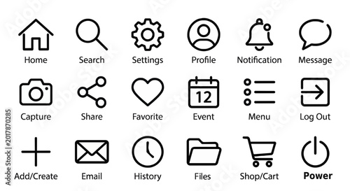 Collection of essential outline user interface icons for modern digital applications and website navigation menus and functions