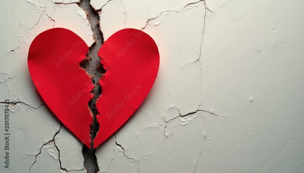 Obraz premium Broken red heart symbol on cracked white wall background. Symbol of lost love grief pain and relationship breakup. Sadness loneliness sorrow despair.