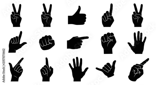 Set of Hand Gestures Silhouettes: Victory, Thumbs Up, Pointing, Fist, Open Palm