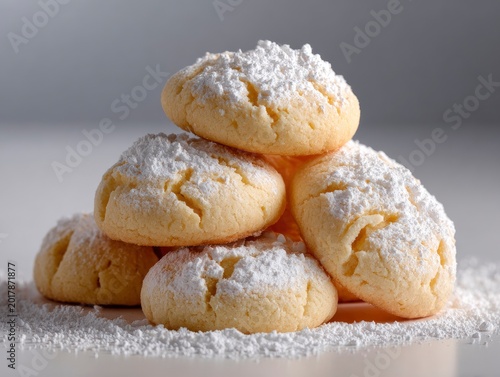 A stack of delicious homemade powdered sugar cookies on a white surface.