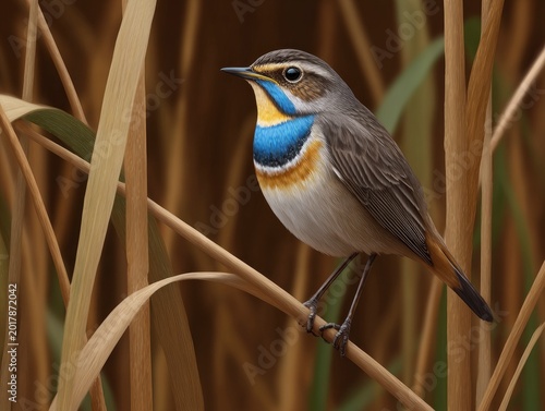 A stunning bluethroat bird perched on dry reeds in its natural wetland habitat.